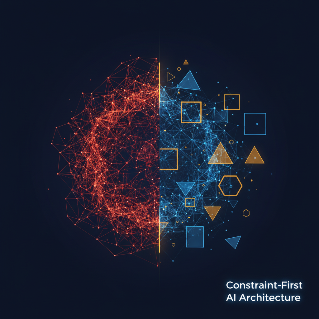 Split composition showing unconstrained AI architecture versus constraint-based AI architecture with structured boundaries