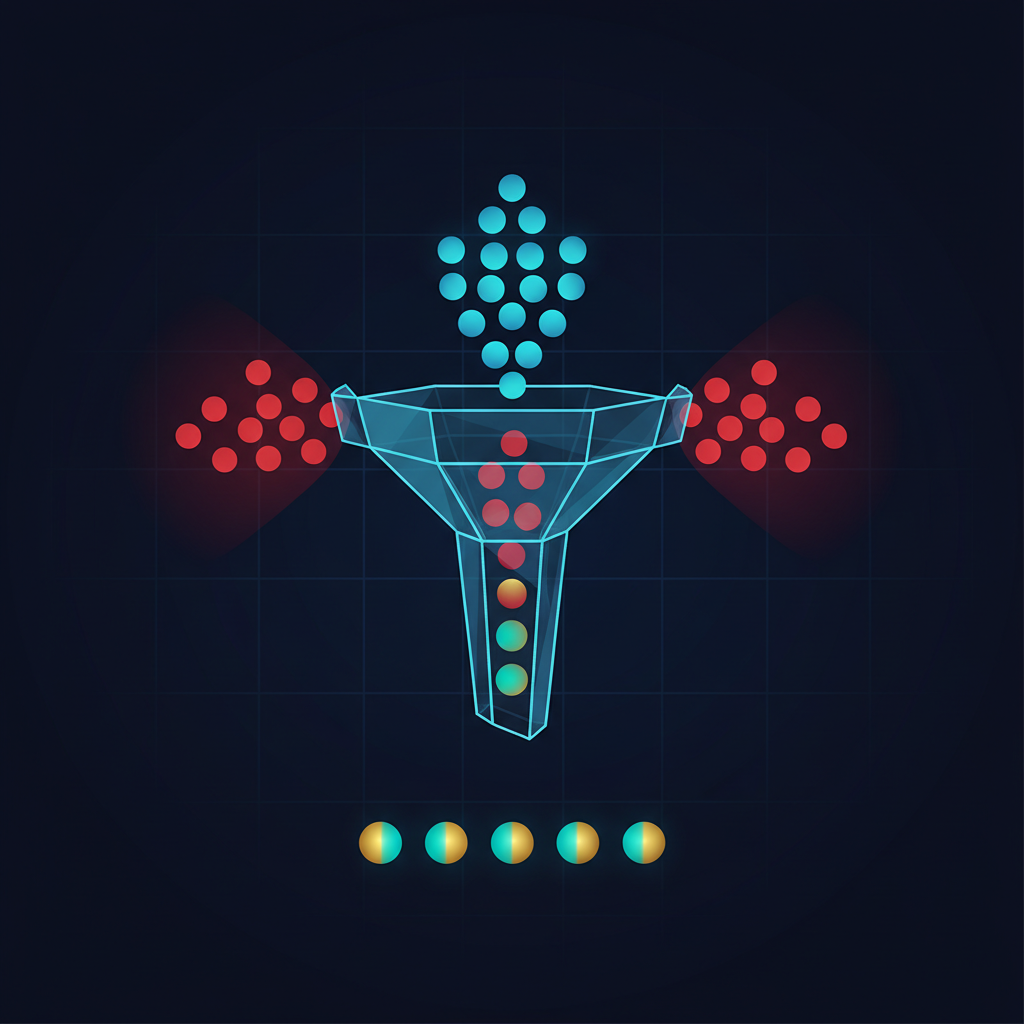 Conceptual filter showing 17 agentic AI patterns being reduced to 5 compliant survivors