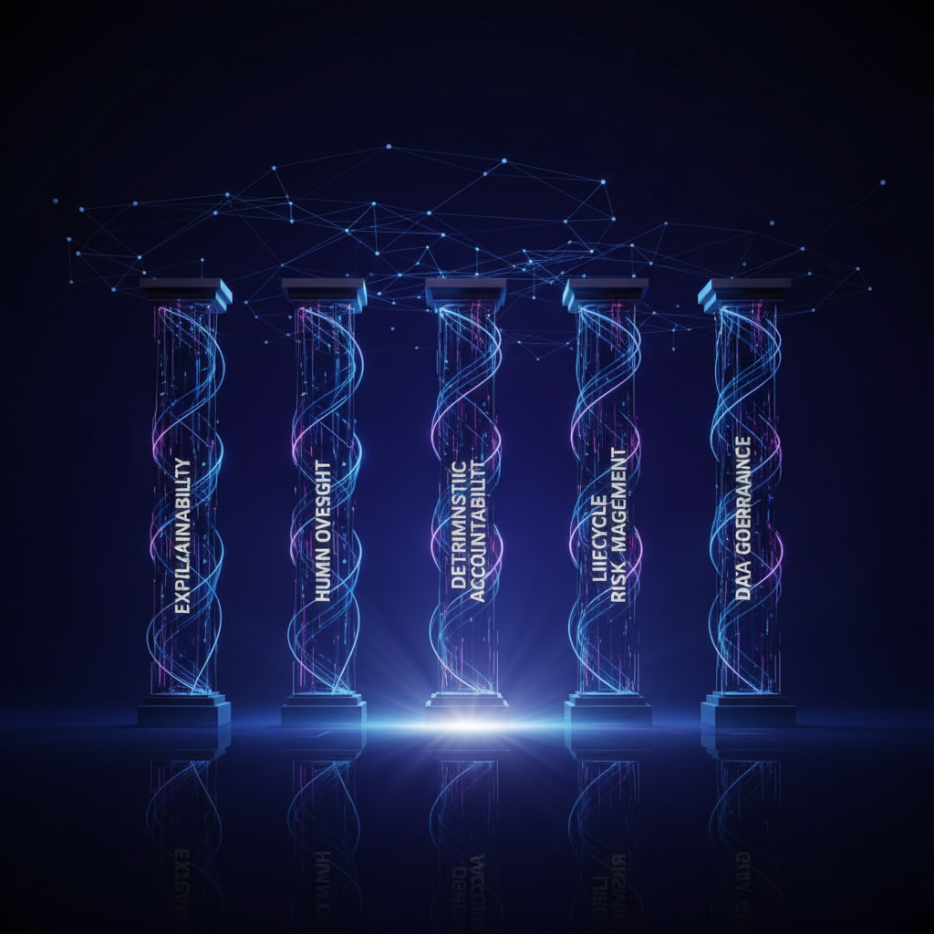 Five regulatory requirement pillars: Explainability, Human Oversight, Deterministic Accountability, Lifecycle Risk Management, and Data Governance