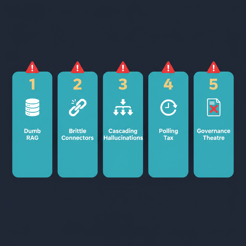 The five failure modes killing AI agents in production: Dumb RAG, Brittle Connectors, Cascading Hallucinations, Polling Tax, and Governance Theatre