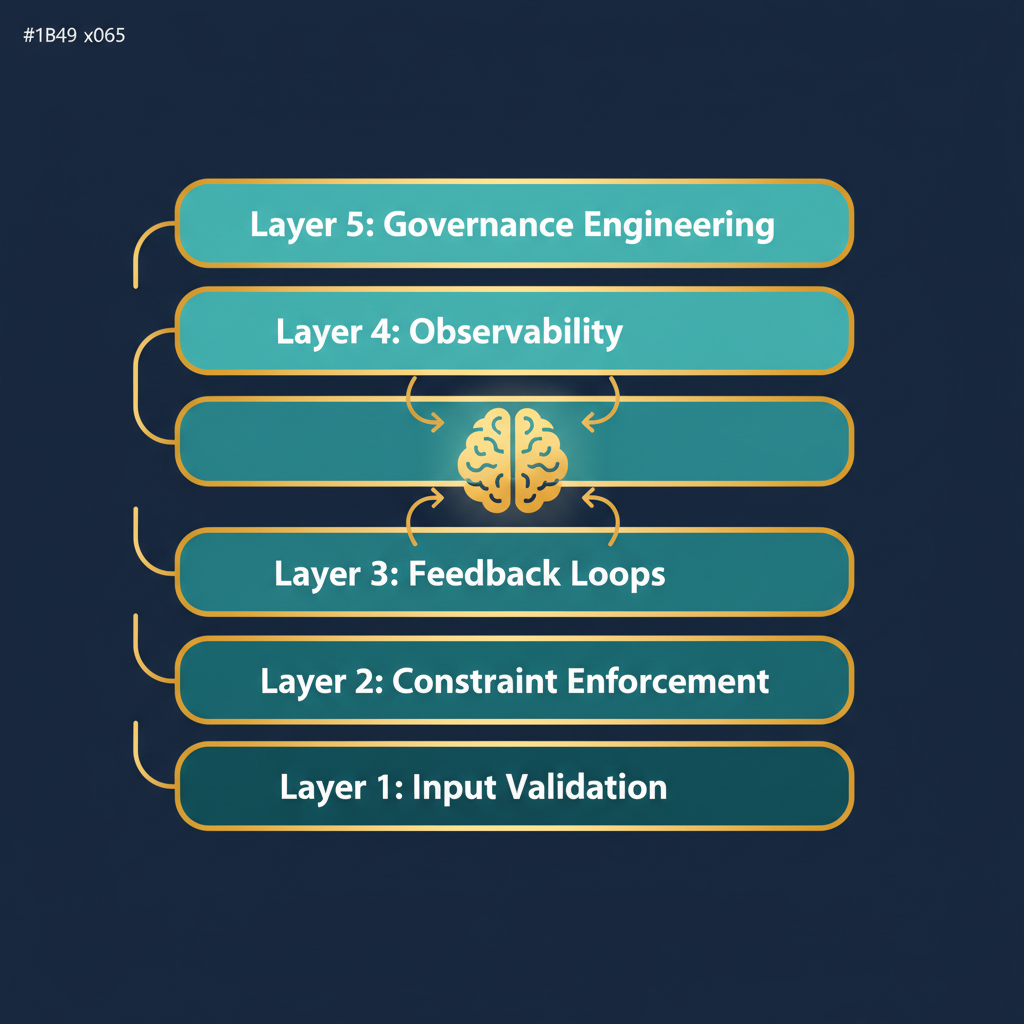 The five-layer harness engineering stack: Input Validation, Constraint Enforcement, Feedback Loops, Observability, and Governance Engineering wrapping an AI agent