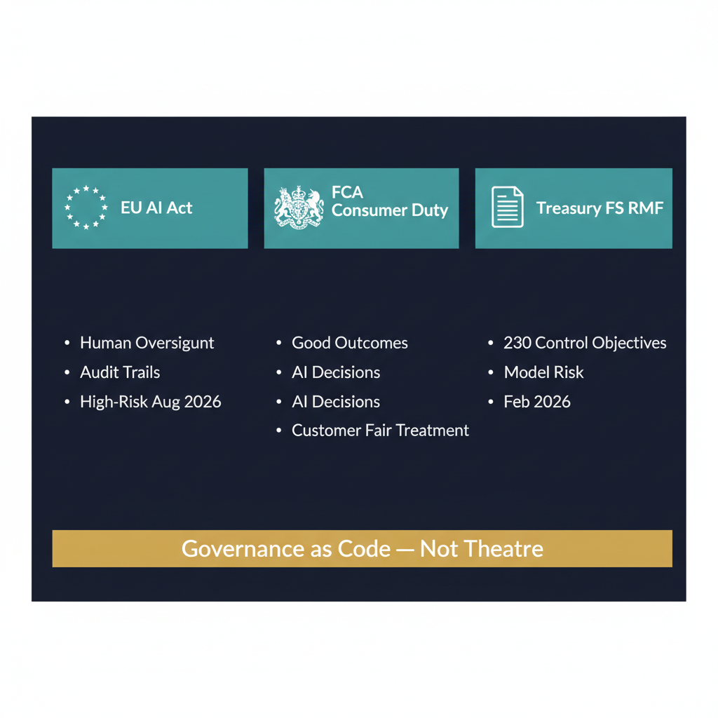 Three key compliance frameworks for AI in financial services: EU AI Act, FCA Consumer Duty, and Treasury FS AI Risk Management Framework