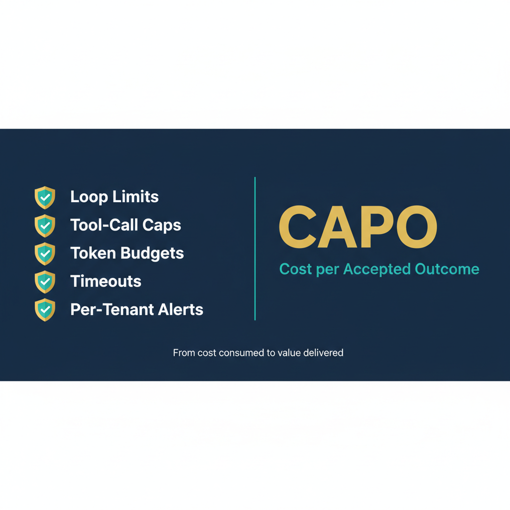 Five constraint guardrails for AI agents: Loop Limits, Tool-Call Caps, Token Budgets, Timeouts, and Per-Tenant Alerts — alongside the CAPO metric