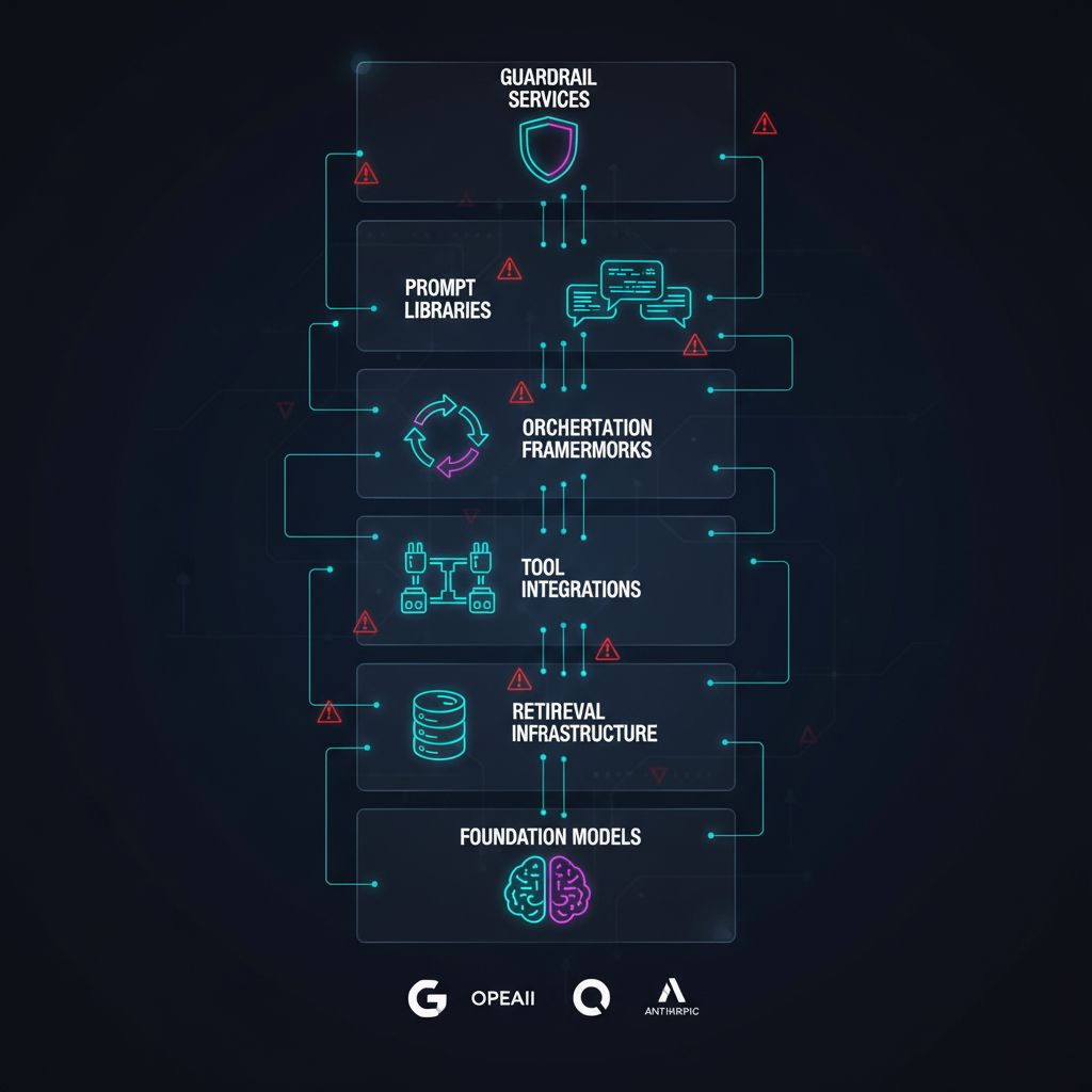 The six layers of an AI agent supply chain dependency stack: Foundation Models, Retrieval Infrastructure, Tool Integrations, Orchestration Frameworks, Prompt Libraries, and Guardrail Services, each connected by dependency lines with red vulnerability warning indicators