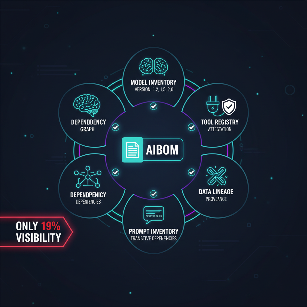 AIBOM structure showing five components: Model Inventory, Tool Registry, Data Lineage, Prompt Inventory, and Dependency Graph, with only 19% of organisations having full AI supply chain visibility