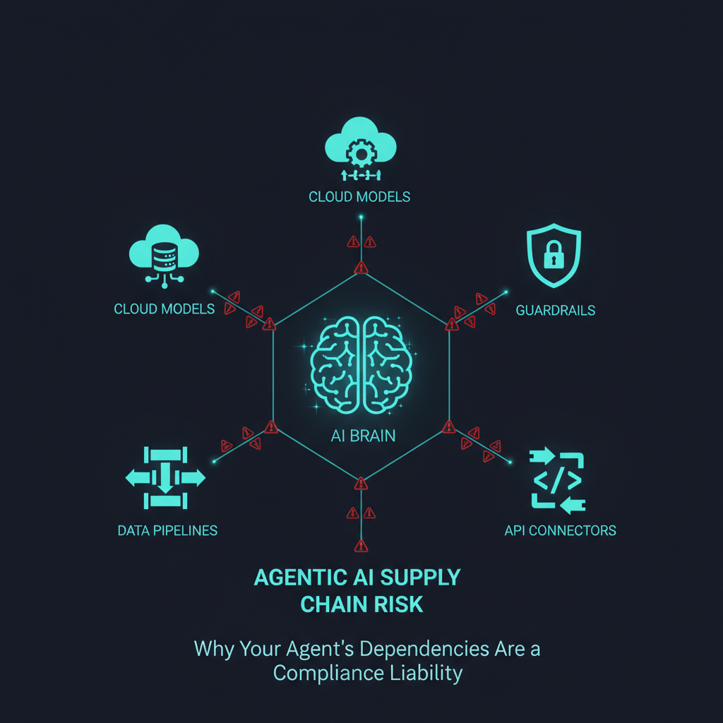 Dark technology infographic showing a glowing teal AI brain icon connected by dependency lines to surrounding nodes with red warning symbols
