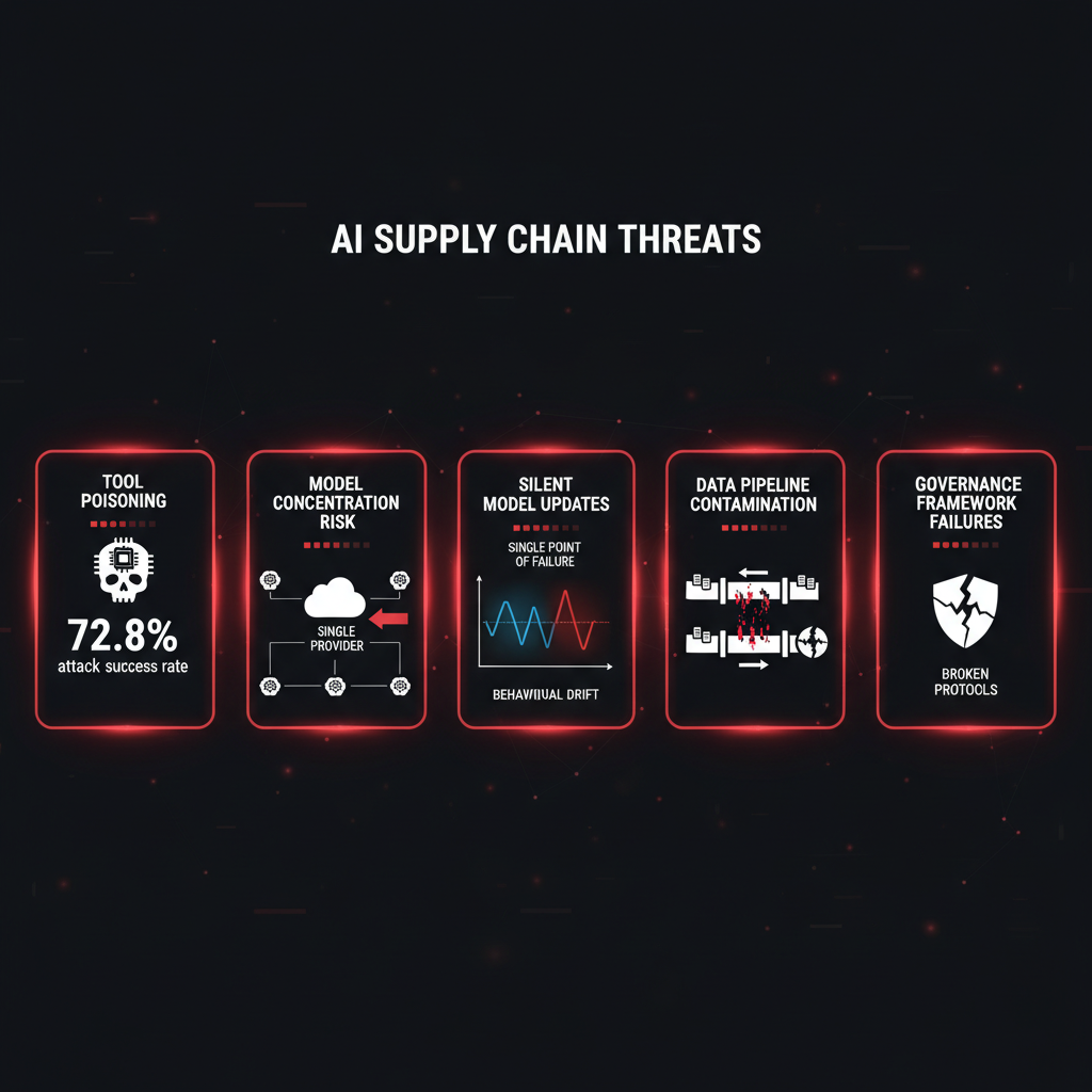 Five AI supply chain threats: Tool Poisoning with 72.8% attack success rate, Model Concentration Risk, Silent Model Updates causing behavioural drift, Data Pipeline Contamination, and Governance Framework Failures
