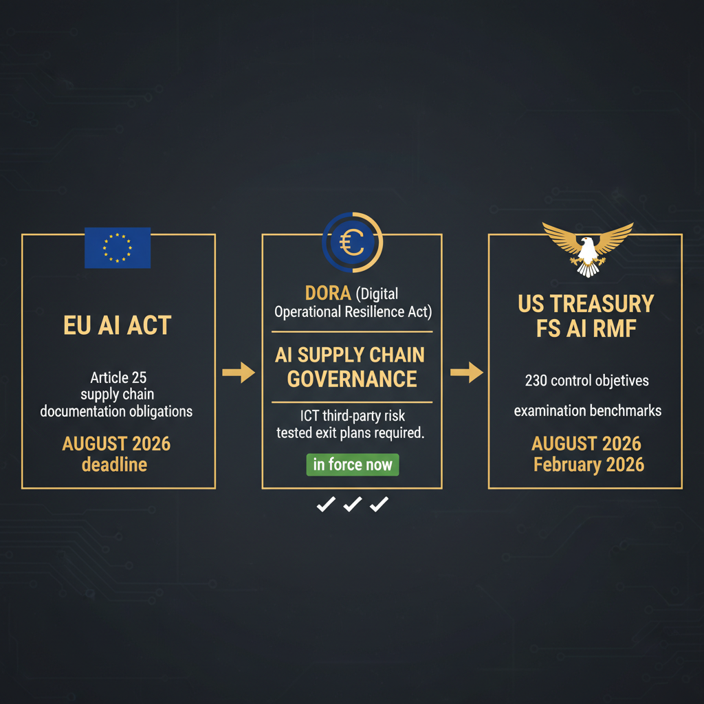 Three regulatory frameworks converging on AI supply chain governance: EU AI Act (August 2026 deadline), DORA (in force, ICT third-party risk), and US Treasury FS AI RMF (230 control objectives, February 2026)